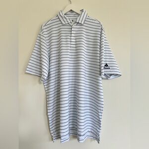 Fairway & Greene Men’s White Polo with Blue Stripes and Pinnacle CC Logo